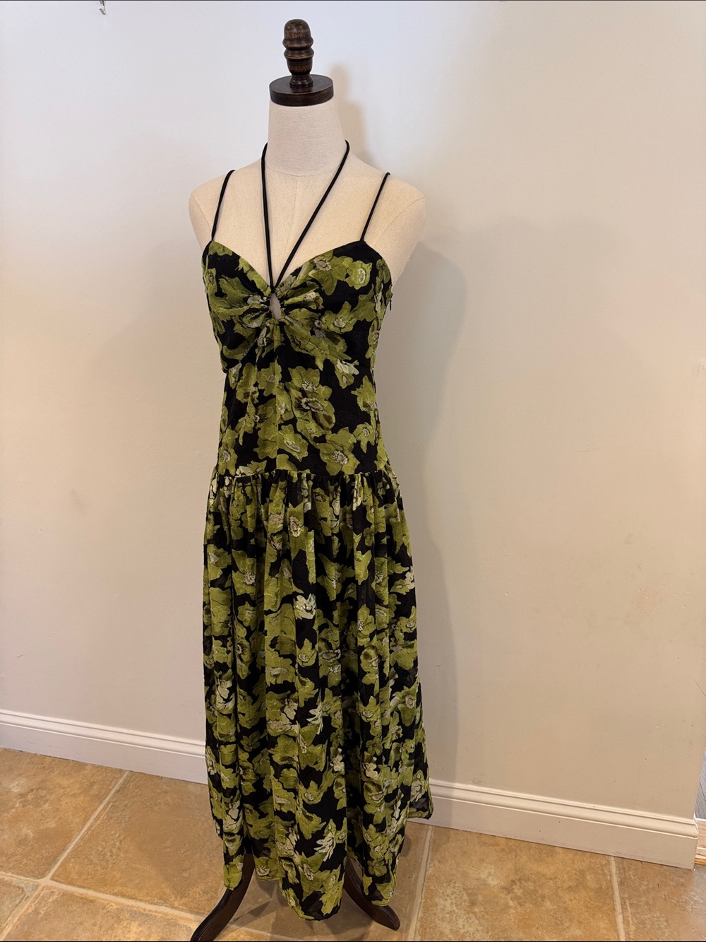Endless Rose Black and Olive Floral Halter Midi Dress